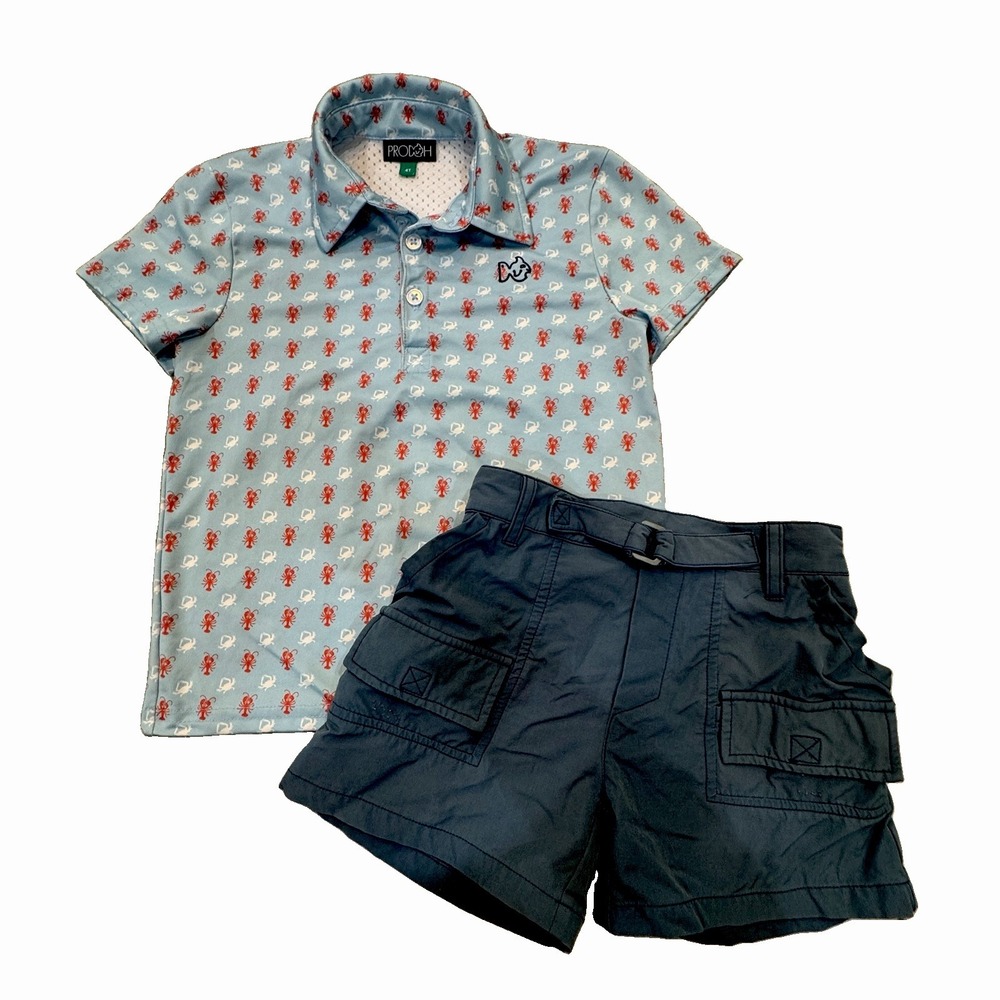 ProDoh 4T Boys Outfit Blue Polo Shirt Shorts Navy Blue Crawfish Beach Fishing